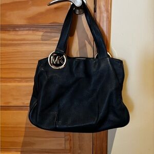 Michael Kors Navy Blue Leather Shoulder Bag with Gold MK Charm
